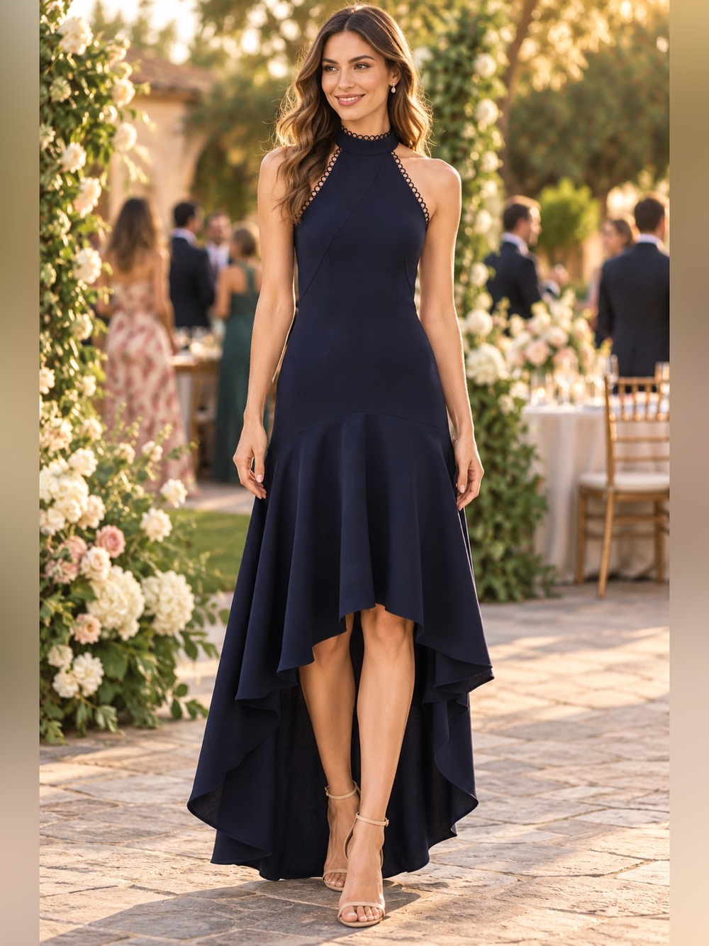 Monique Lhuillier Love No One Navy Halter High-Low Gown Size 14 Retail $465